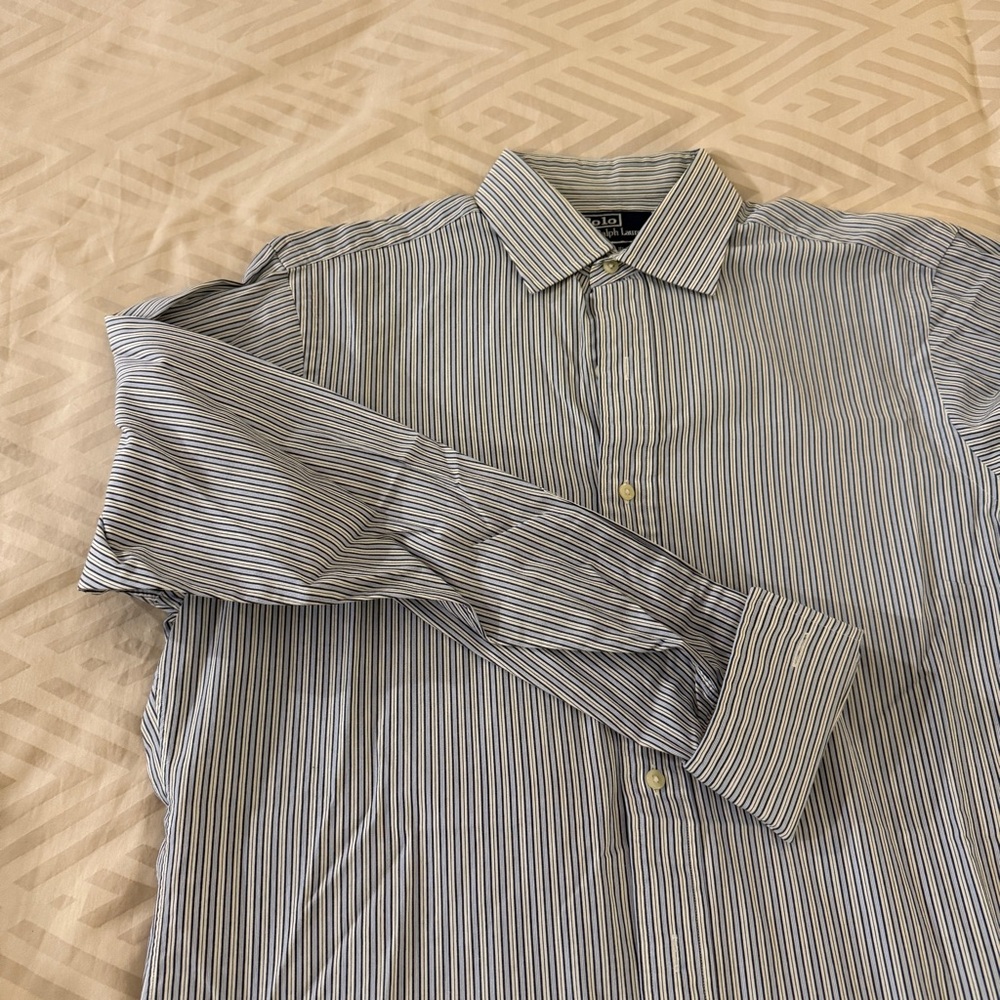 Polo Ralph Lauren Men's Blue and White Striped Dress Shirt French Cuffs 15.5